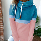 Color Block Turtle Neck Hoodie, Casual Long Sleeve Drawstring Hoodies Sweatshirt, Women's Clothing
