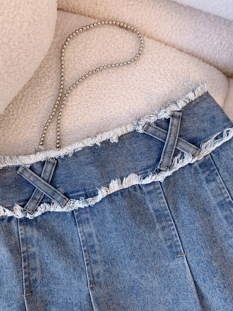 elveswallet  Pleated Double Button Cross Denim Skirt, Raw Frayed Trim Y2k Kpop Style Mini Denim Skirt, Women's Denim Jeans & Clothing