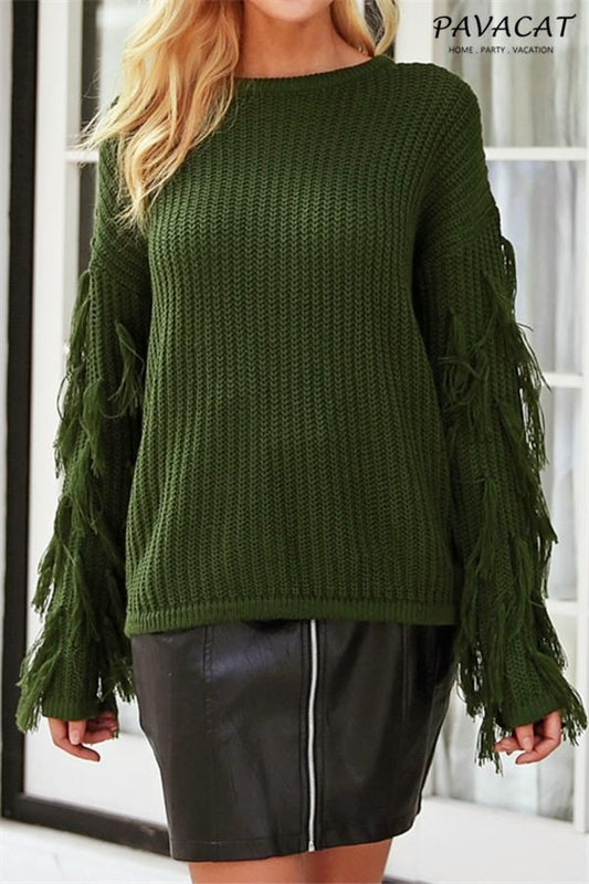 elveswallet Casual O Neck Tassel Sweater - Armygreen