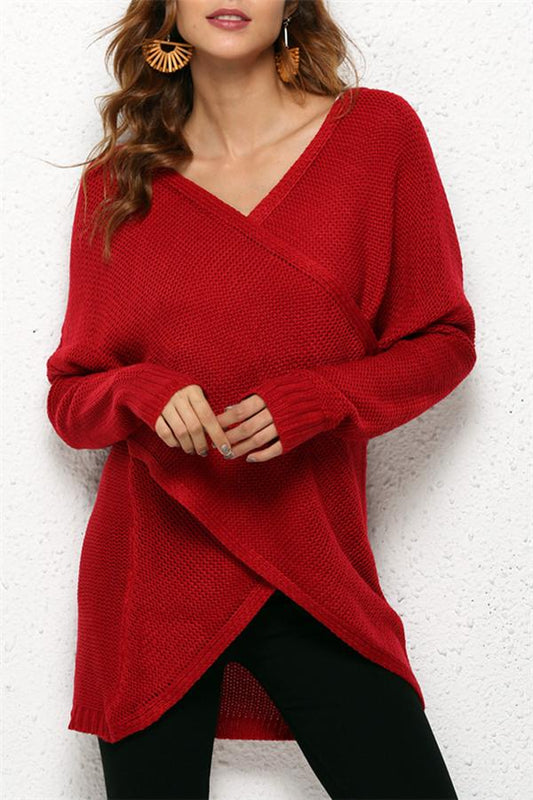 elveswallet Casual V Neck Front Cross Weekend Sweater - Red