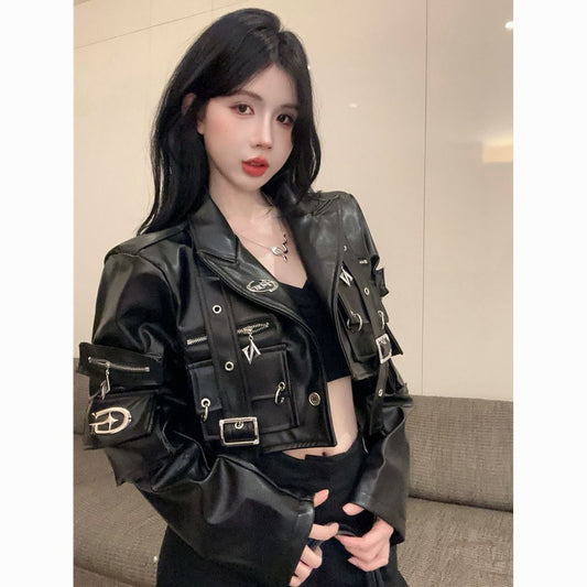 Internet celebrity hit hot girl heavy industry metal decoration locomotive leather jacket women's autumn new tooling pocket short jacket