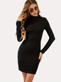 Solid Turtleneck Bodycon Dress, Elegant Long Sleeve Dress, Women's Clothing