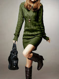 V Neck Cable Knitted Dress, Casual Long Sleeve Bodycon Dress For Fall & Winter, Women's Clothing