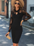 elveswallet  Solid Lace Long Sleeve Body-Con Dress, Casual Every Day Dress For Spring & Fall, Women's Clothing