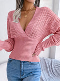 Solid Deep V Neck Pullover Sweater, Casual Long Sleeve Cinched Waist Sweater For Spring & Fall, Women's Clothing