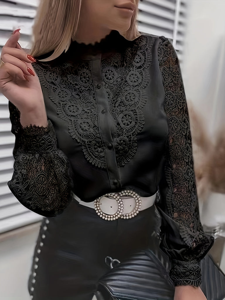 Women's Blouses Women Sexy Lace Patchwork Hollow Out Shirt Blouse Long Sleeve O-Neck Elegant Blouses