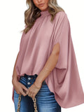 Solid Batwing Sleeve Blouse, Casual Ruched High Collar Loose Blouse, Women's Clothing