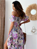 Abstract Print Off Shoulder Dress, Boho Vacation Short Sleeve Summer Maxi Dress, Women's Clothing