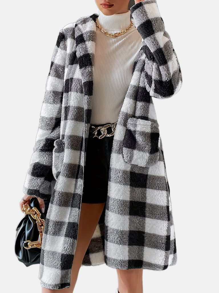 elveswallet  Gingham Print Jacket, Casual Open Front Long Length Winter Outerwear With Pockets, Women's Clothing