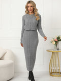 elveswallet  Chunky Cable Knit Sweater & Skirt, Long Sleeve Crew Neck Cropped Sweater + Bodycon Maxi Skirt Combo, Casual Tops & Bottoms For Fall & Winter, Women's Clothing