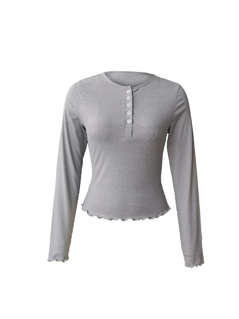 Ribbed Button Front Crew Neck T-Shirt, Casual Long Sleeve Top For Spring & Fall, Women's Clothing