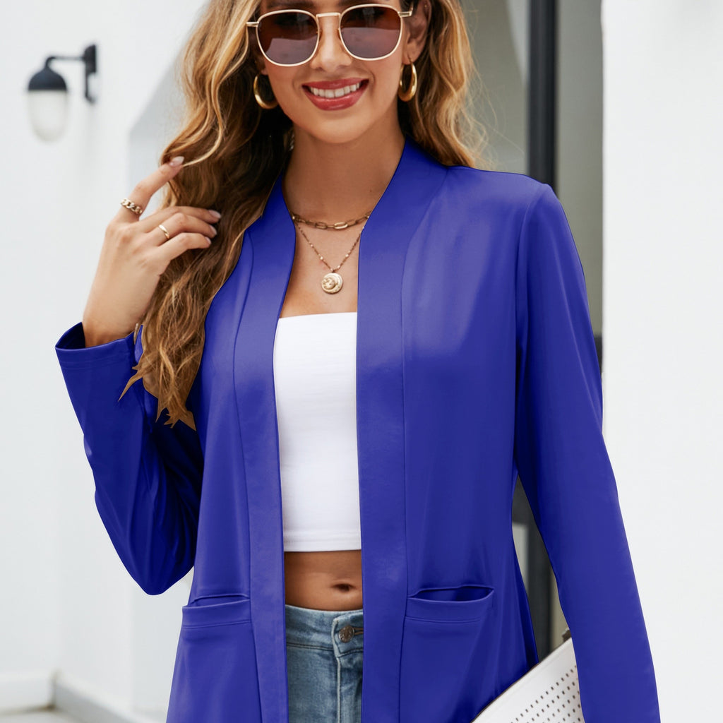 elveswallet  Solid Open Front Blazer, Casual Long Sleeve Pocket Blazer, Women's Clothing