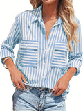 Striped Button Front Blouse, Casual Versatile Long Sleeve Blouse With Pocket, Women's Clothing