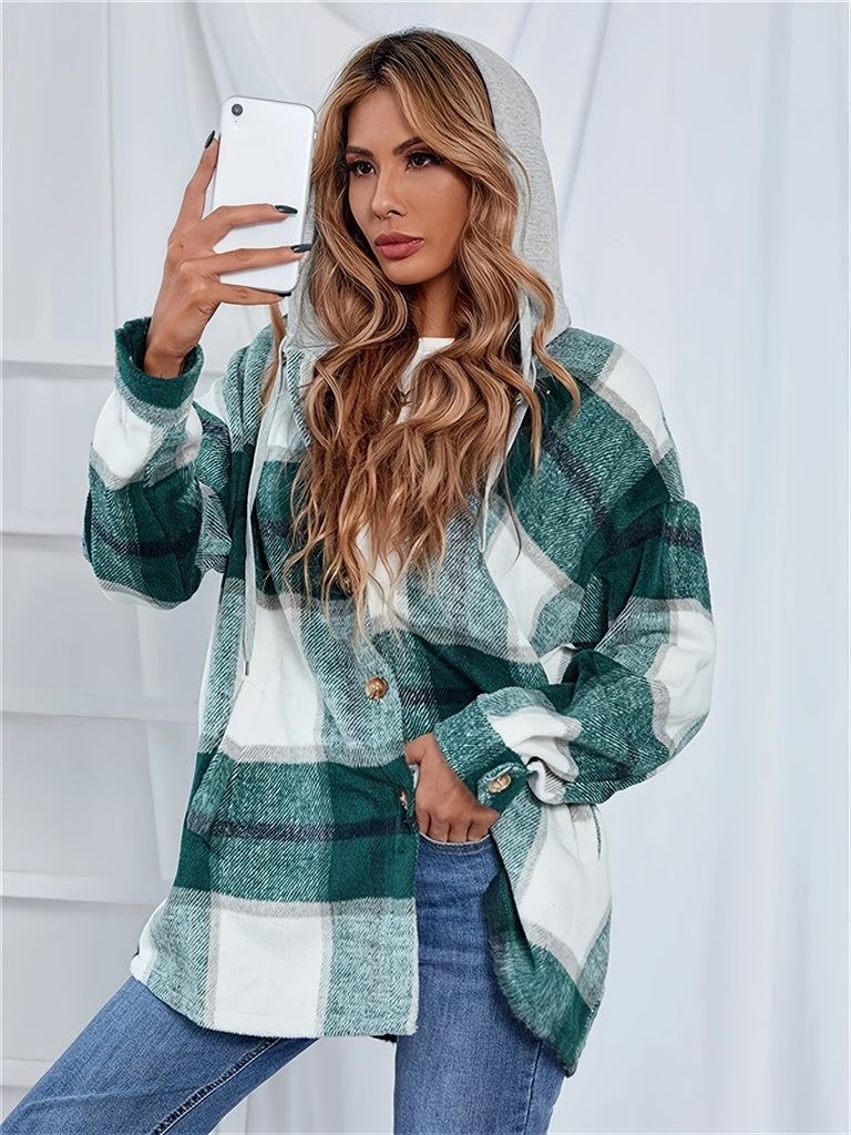 Plus Size Casual Coat, Women's Plus Colorblock Plaid Print Drawstring Hooded Long Sleeve Button Up Overcoat With Pockets