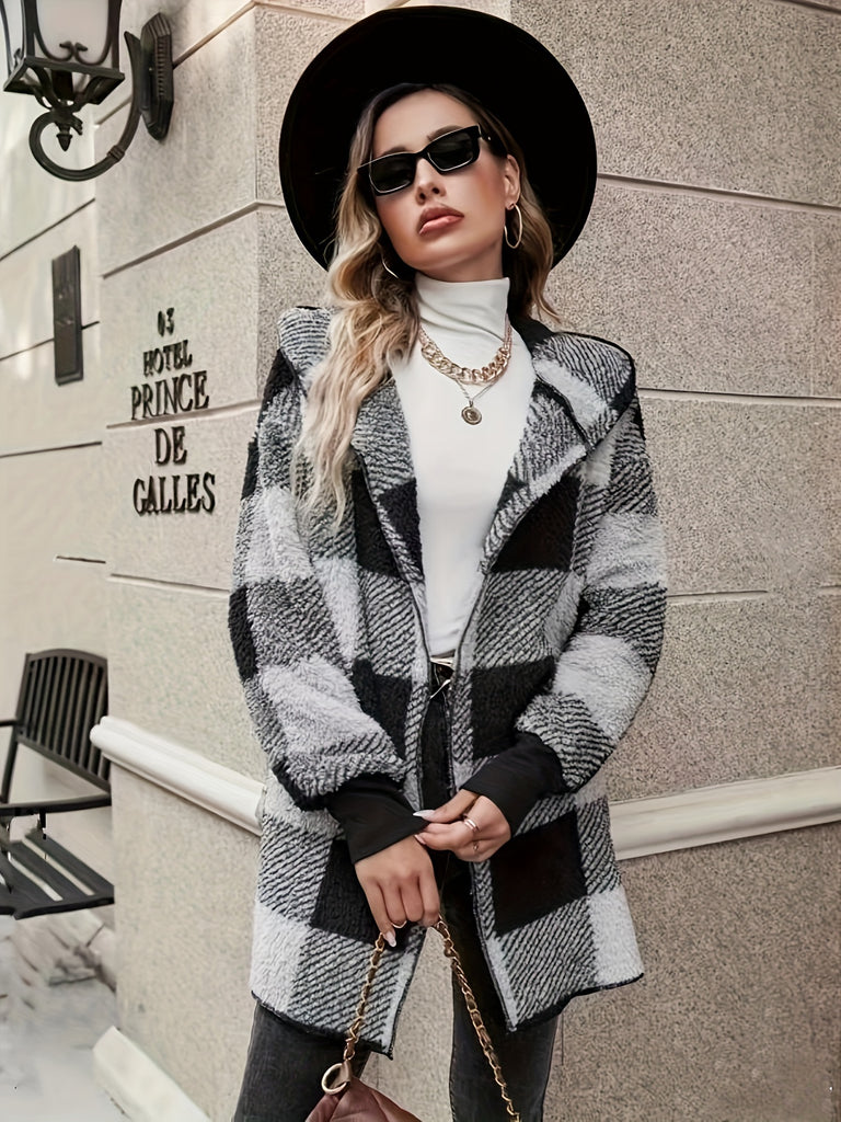 Plaid Print Open Front Fuzzy Coat, Casual Long Sleeve Hooded Coat For Fall & Winter, Women's Clothing