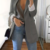 elveswallet  Solid Lapel Blazer, Casual Long Sleeve Open Front Work Office Outerwear, Women's Clothing