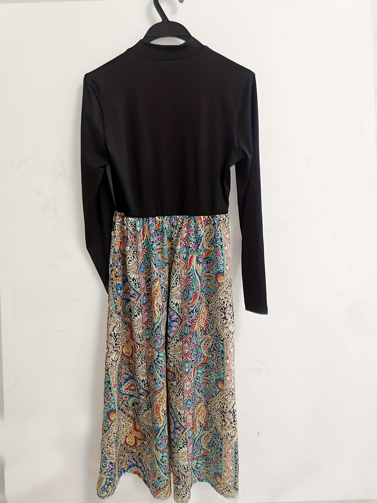 elveswallet  Paisley Print Maxi Dress, Casual Mock Neck Long Sleeve Dress, Women's Clothing