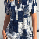 elveswallet  Plus Size Casual T-shirt, Women's Plus Colorblock Geometric Print Grommet Drawstring Lace Up Short Sleeve V Neck Slight Stretch T-shirt