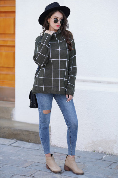 elveswallet Chic Turtleneck Loose Plaid Sweater