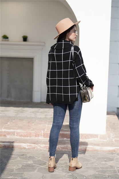 elveswallet Chic Turtleneck Loose Plaid Sweater