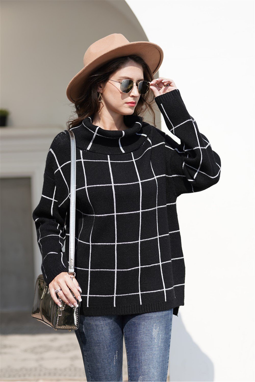 elveswallet Chic Turtleneck Loose Plaid Sweater