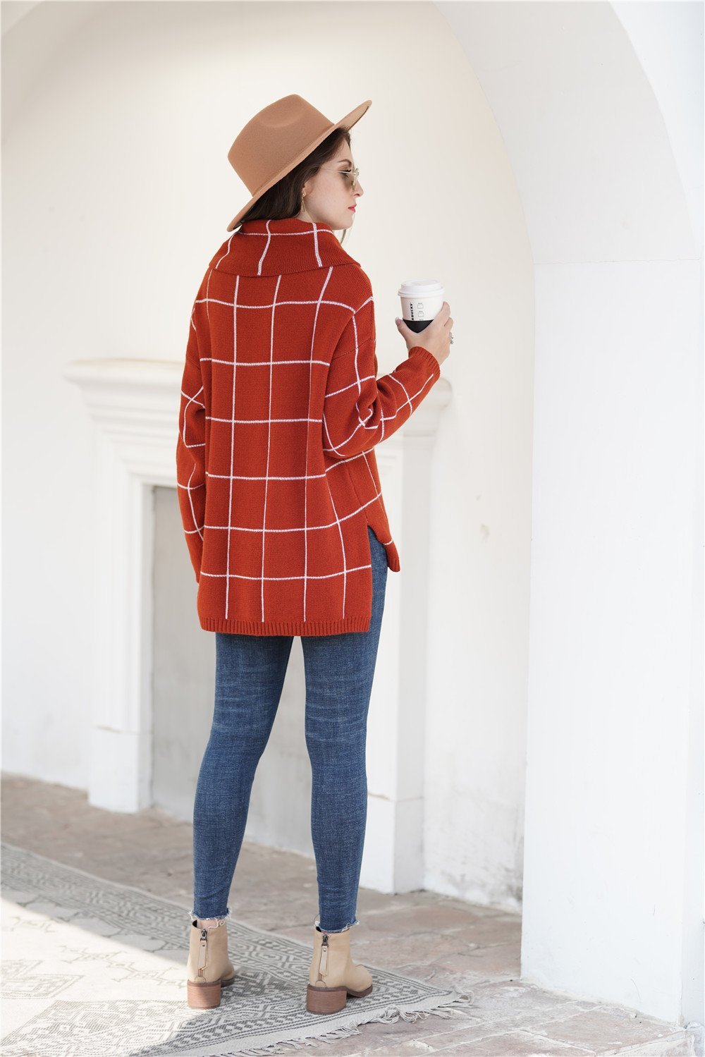 elveswallet Chic Turtleneck Loose Plaid Sweater