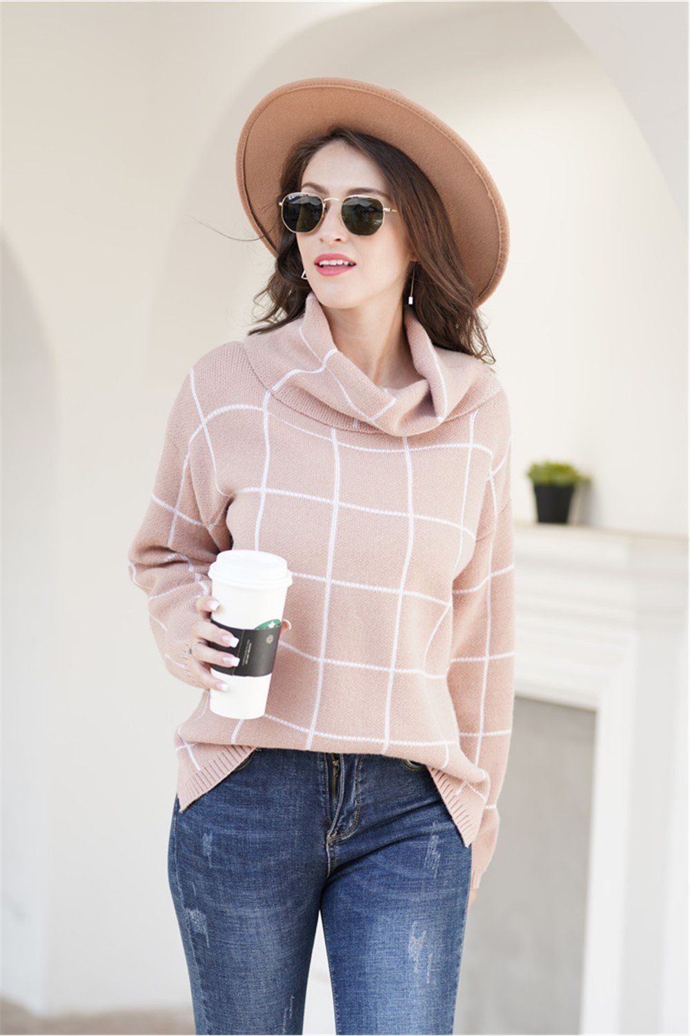 elveswallet Chic Turtleneck Loose Plaid Sweater