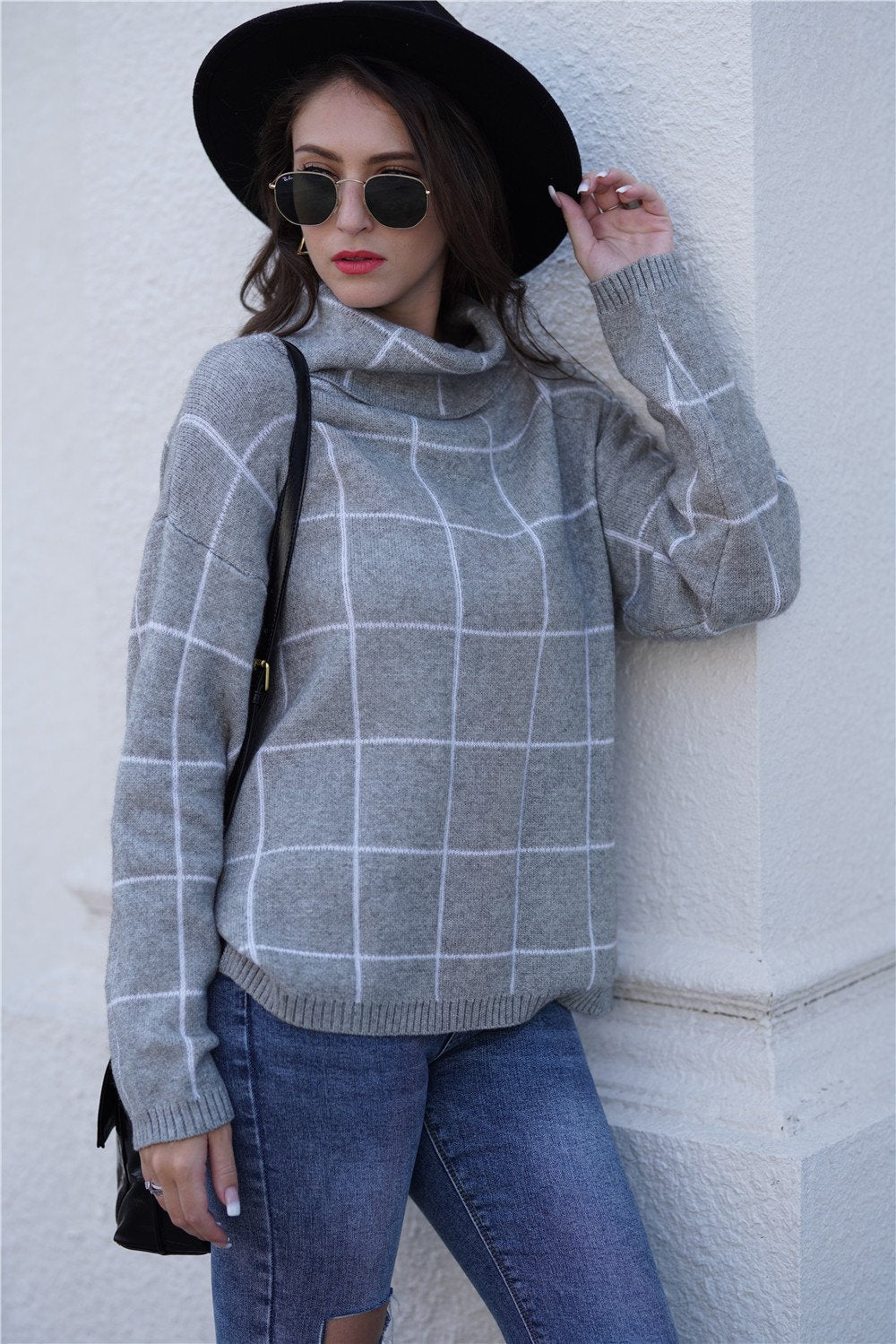 elveswallet Chic Turtleneck Loose Plaid Sweater