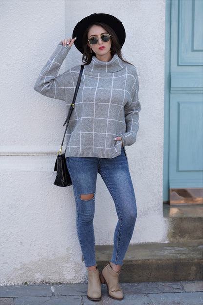 elveswallet Chic Turtleneck Loose Plaid Sweater