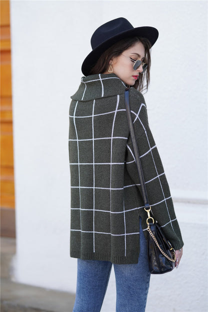 elveswallet Chic Turtleneck Loose Plaid Sweater