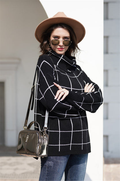 elveswallet Chic Turtleneck Loose Plaid Sweater