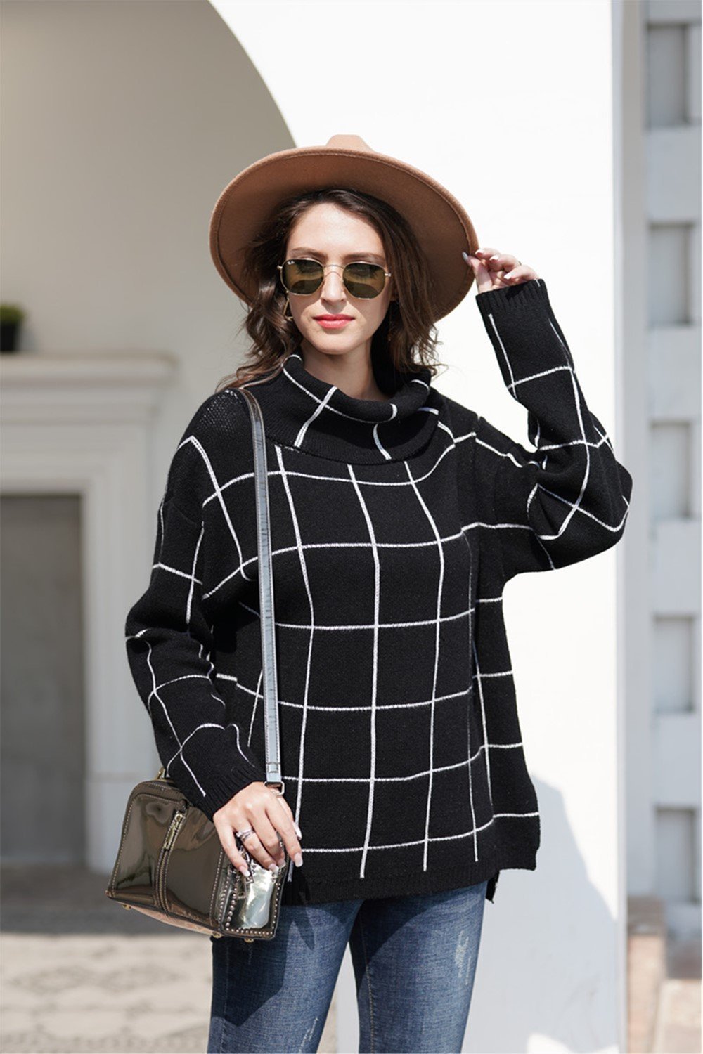 elveswallet Chic Turtleneck Loose Plaid Sweater