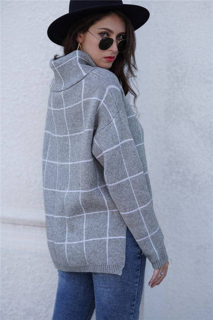 elveswallet Chic Turtleneck Loose Plaid Sweater