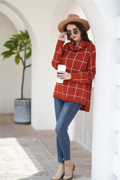 elveswallet Chic Turtleneck Loose Plaid Sweater - Red