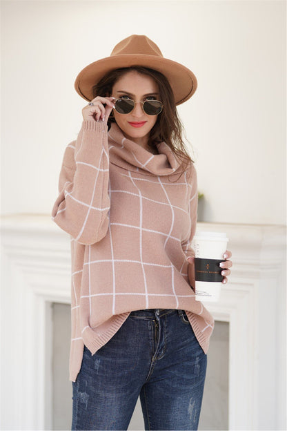 elveswallet Chic Turtleneck Loose Plaid Sweater