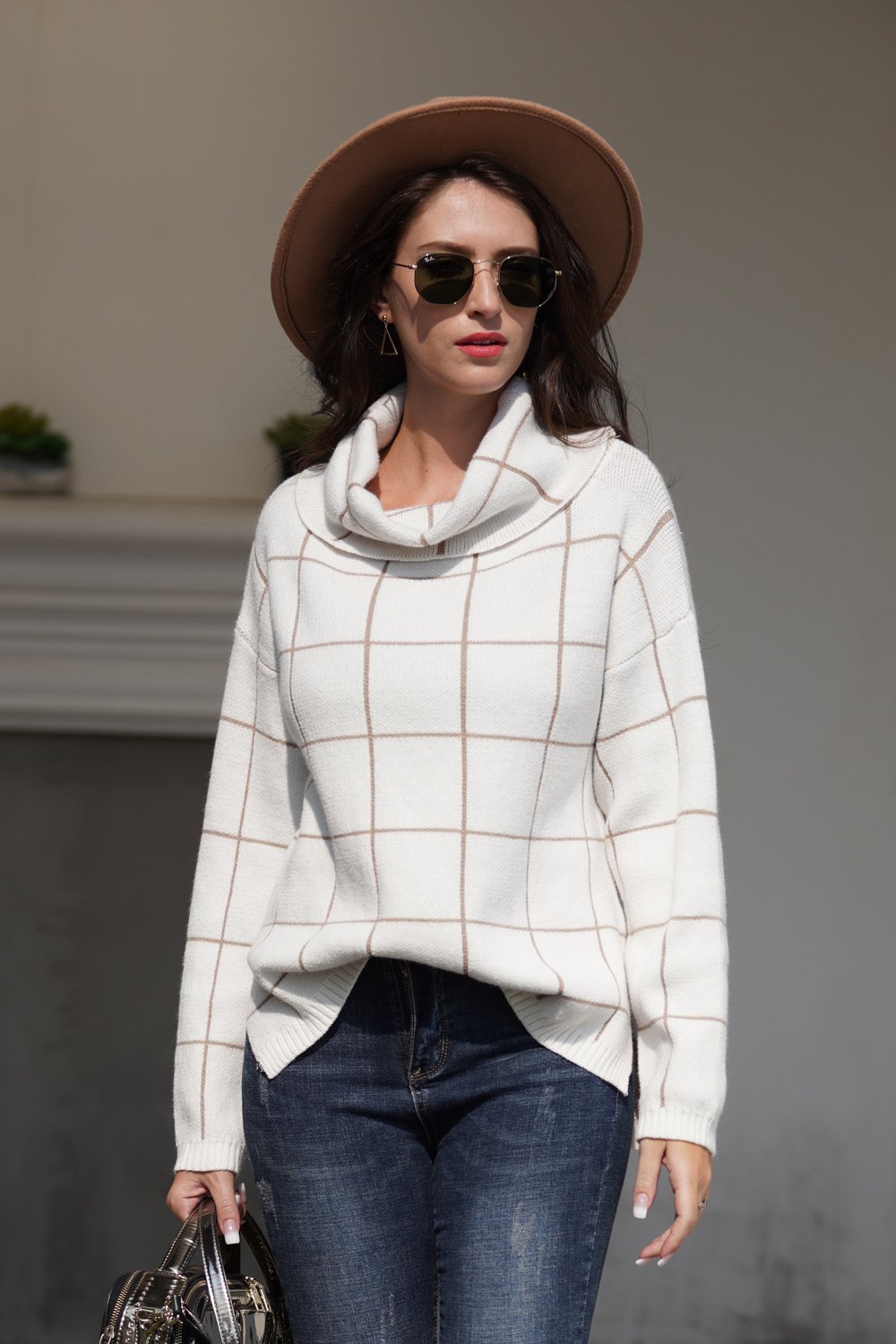 elveswallet Chic Turtleneck Loose Plaid Sweater