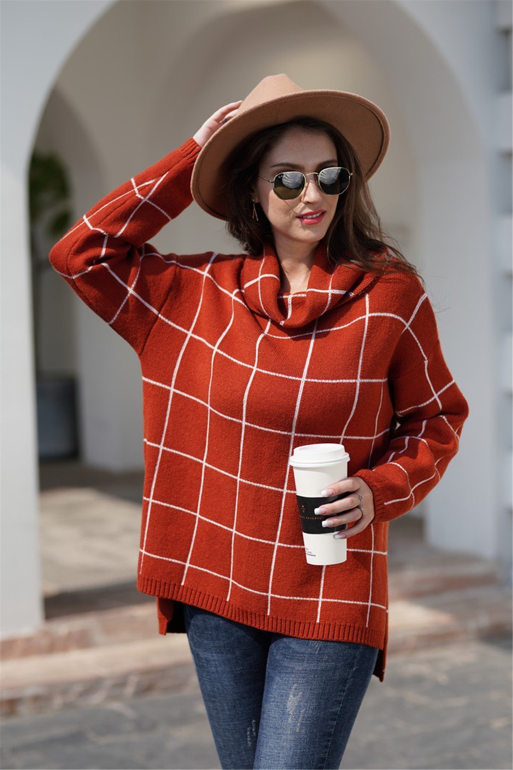 elveswallet Chic Turtleneck Loose Plaid Sweater - Red