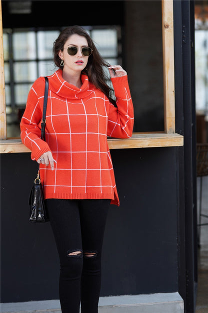 elveswallet Chic Turtleneck Loose Plaid Sweater - Red