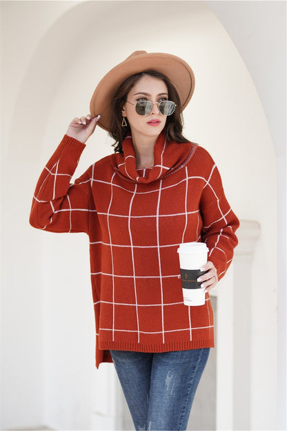 elveswallet Chic Turtleneck Loose Plaid Sweater - Red