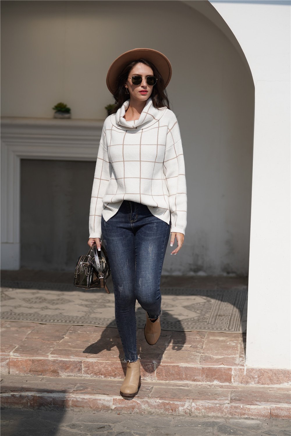 elveswallet Chic Turtleneck Loose Plaid Sweater