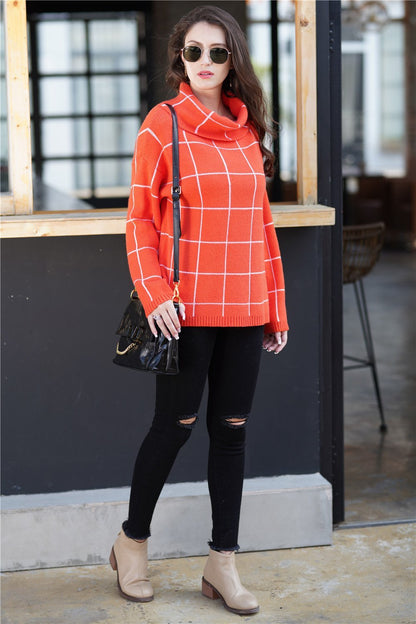 elveswallet Chic Turtleneck Loose Plaid Sweater