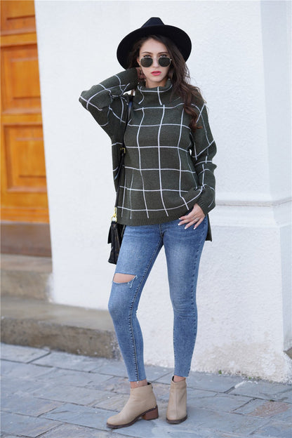 elveswallet Chic Turtleneck Loose Plaid Sweater - Khaki