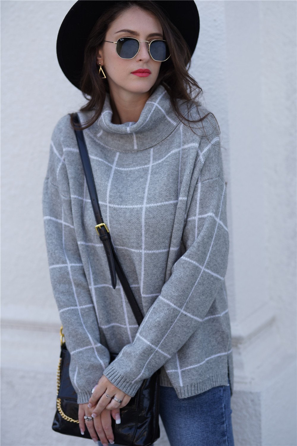 elveswallet Chic Turtleneck Loose Plaid Sweater