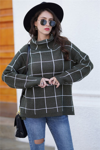 elveswallet Chic Turtleneck Loose Plaid Sweater - Khaki