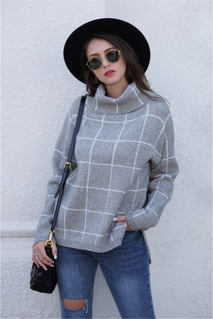 elveswallet Chic Turtleneck Loose Plaid Sweater - Khaki