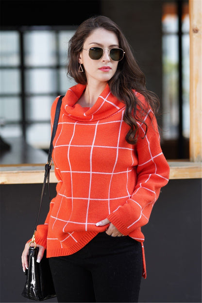 elveswallet Chic Turtleneck Loose Plaid Sweater