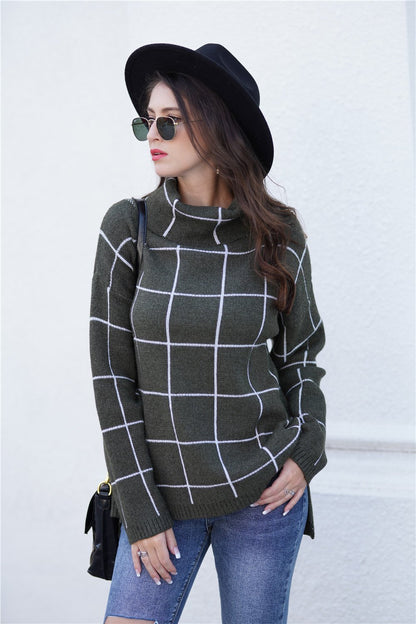 elveswallet Chic Turtleneck Loose Plaid Sweater - Khaki