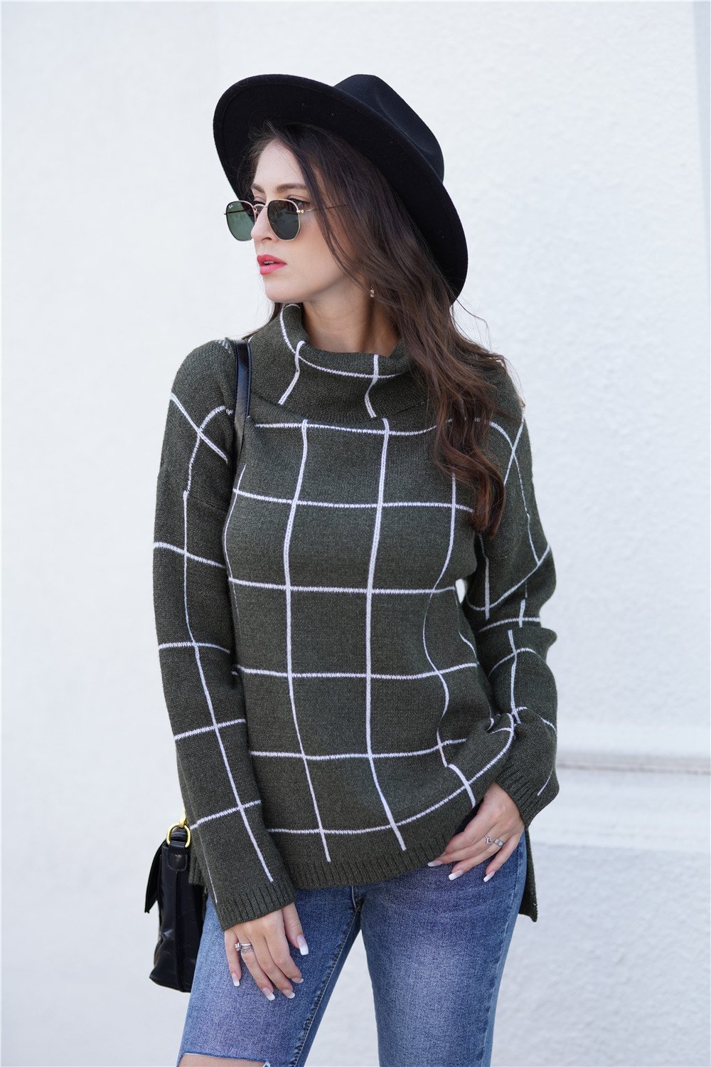 elveswallet Chic Turtleneck Loose Plaid Sweater