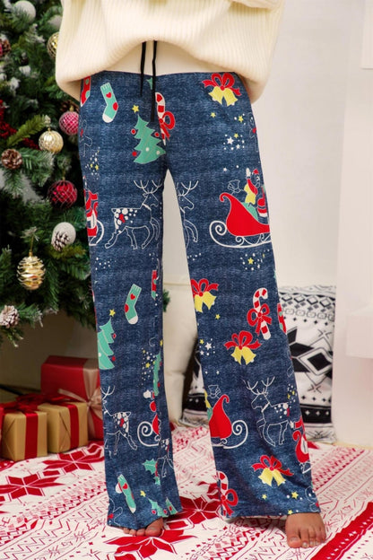 elveswallet Christmas Printed Wide Leg Pants - Blue