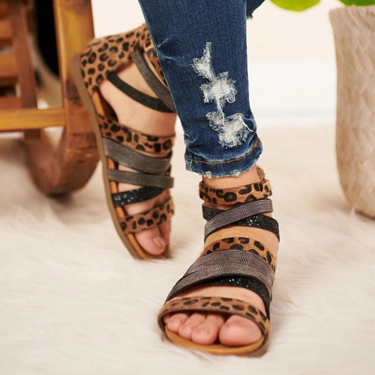 elveswallet Cross Bandage Leopard Rome Sandals